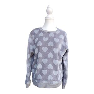 Cozy Heart Print Fleece Sweater Grey Soft & Warm L